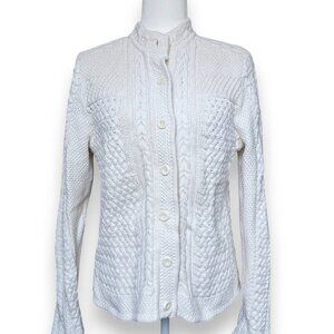 LL Bean Chunky Cable Knit Fisherman Sweater L Cardigan Women Cream Button Front
